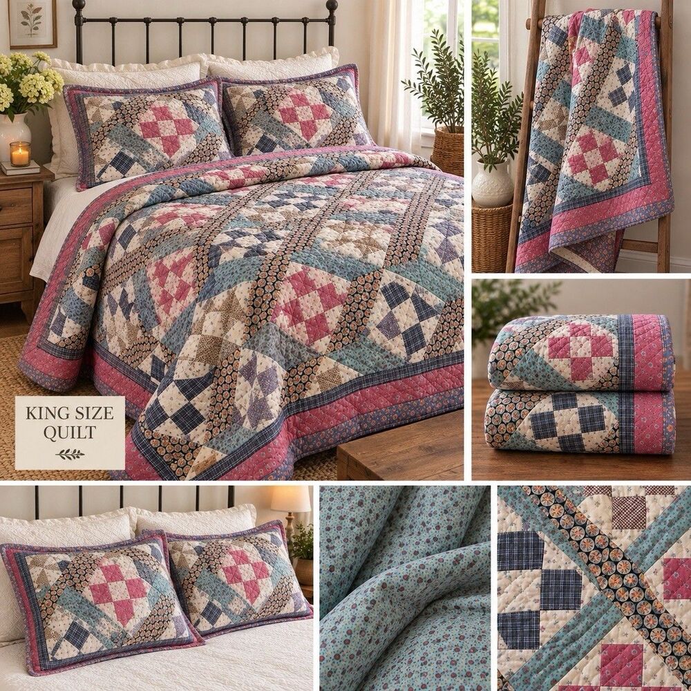 Patchwork Quilt Multicolor Floral Reversible Quilted Cotton 82x90 Machine Wash